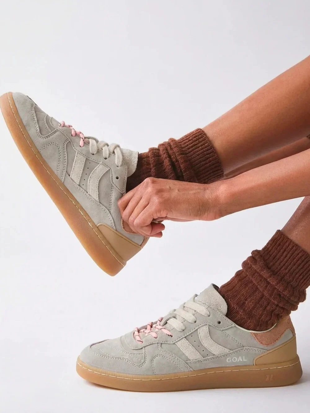 Coolway Suede Casual Sneakers in Light Gray with Pink Laces
